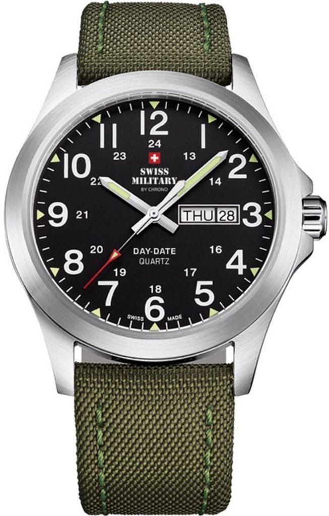 Swiss Military Chrono Orologio Uomo Al Quarzo Con Cinturino In Nylon Verde - Cassa Acciaio 44mm, Quadrante Nero, Impermeabile 50m, SMP36040.05