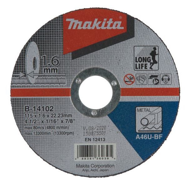 MAKITA B-14102 - KOTOUČ ŘEZNÝ OCEL 115X1.6X22.23MM - ŘEZNÉ KOTOUČE NA KOV{% if zbozi.kategorie.adresa_nazvy[0] != zbozi.kategorie.nazev %} - PŘÍSLUŠENSTVÍ MAKITA{% endif %}