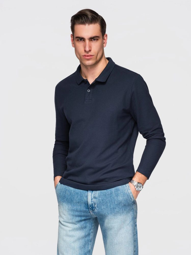 Temno modra polo majica z dolgimi rokavi V3 POBL-0162