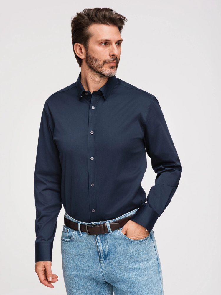 Moška gladka temno modra srajca FIT SLIM V3 SHOS-0211