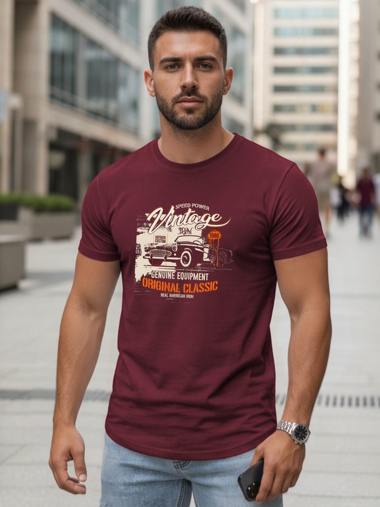 Moška majica v bordo barvi s potiskom VINTAGE CAR