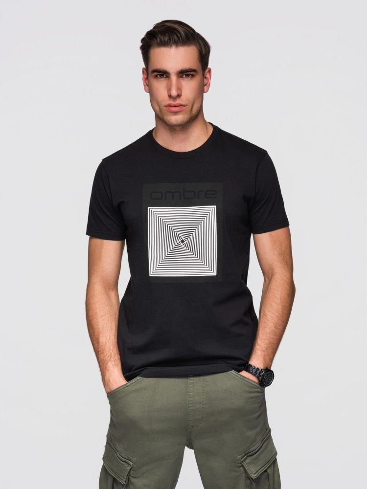 Moška črna majica z geometrijskim potiskom V1 TSPT-0260