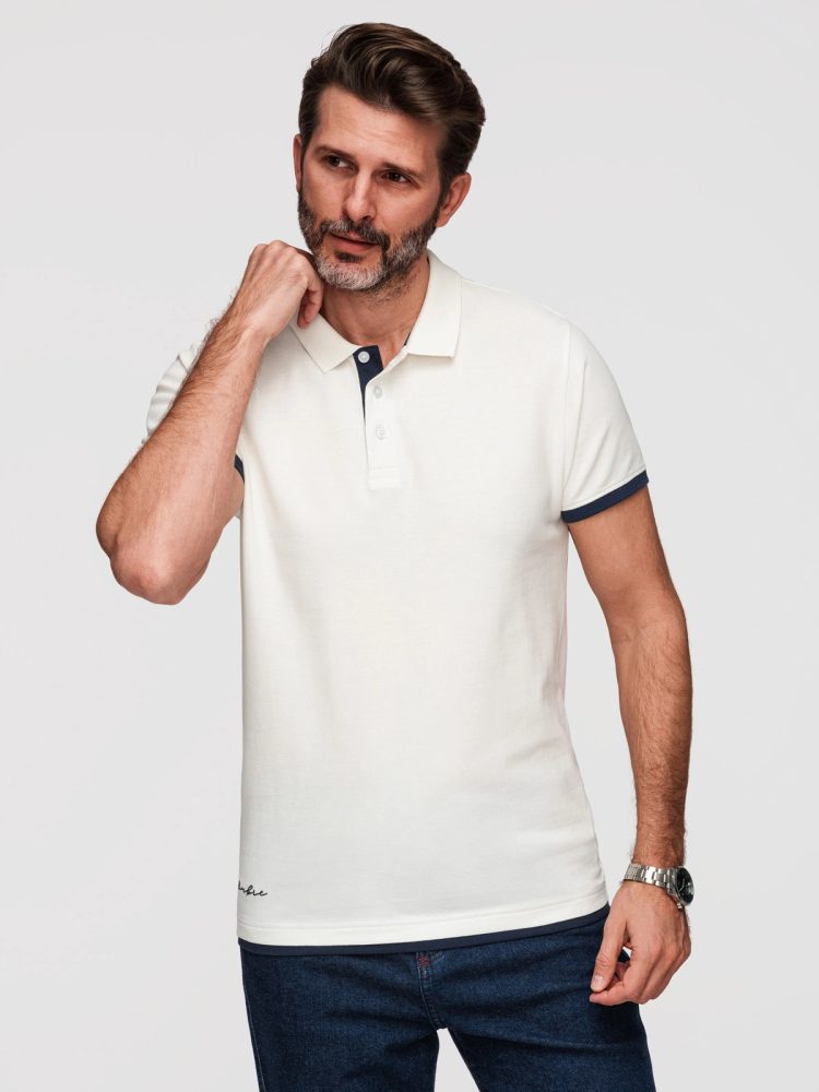 Moška bela polo majica s kontrastno obrobo V1 POSS-0170