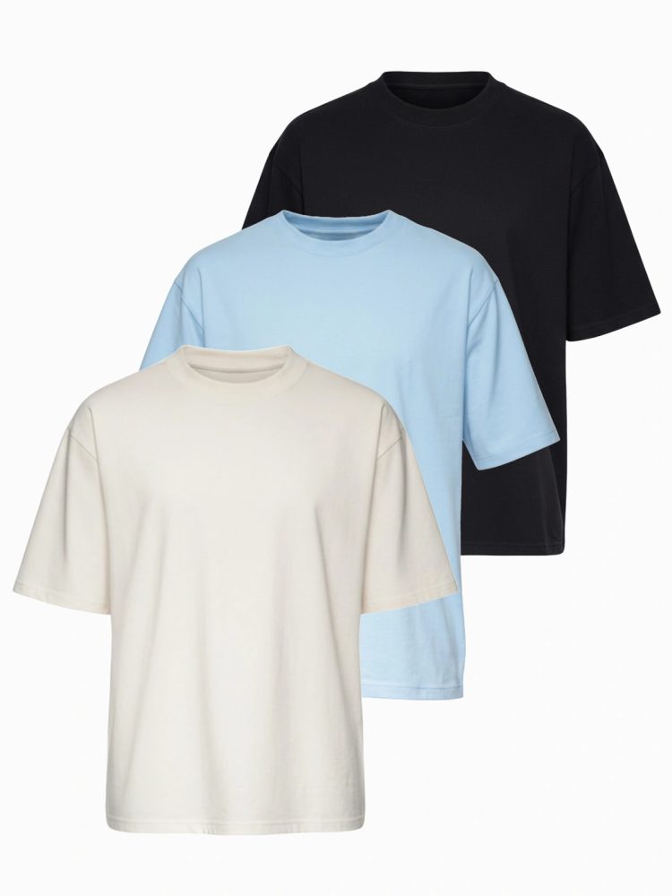 Mešanica treh paketov majic oversize črna/svetlo modra/bela TSBC-0291