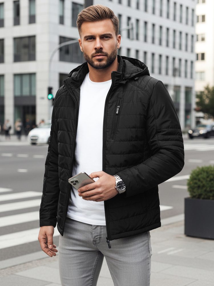 Moderna prehodna črna jakna s kapuco - 3XL/56