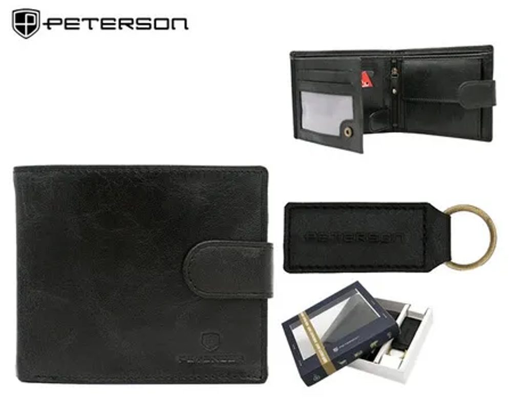 Črn usnjen komplet Peterson - denarnica in obesek za ključe