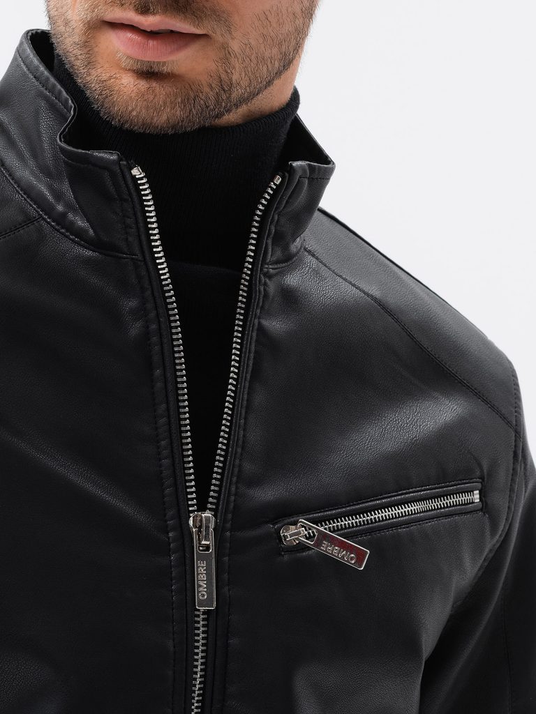 Črna motoristična jakna iz umetnega usnja C604 - Pravimoski.si