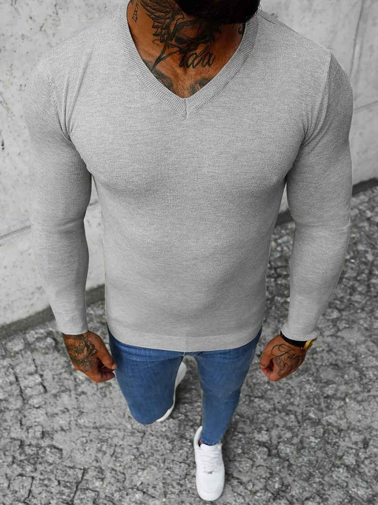 Siv pulover z V-izrezom NB/MMB601/2 - Pravimoski.si