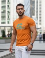 Originalna oranžna moška majica s poletnim potiskom