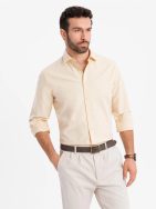 Trendovska moška pastelno rumena srajca z dolgimi rokavi V3 SHOS-0183