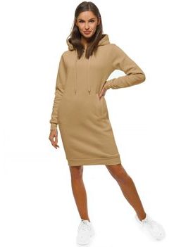 Ženski neobičajen podaljšan pulover s kapuco v bež barvi JS/YS10005/6