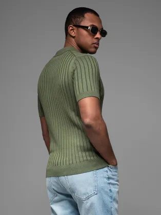 Moška olivna črtasta polo majica SLIM FIT V4 POSS-0143