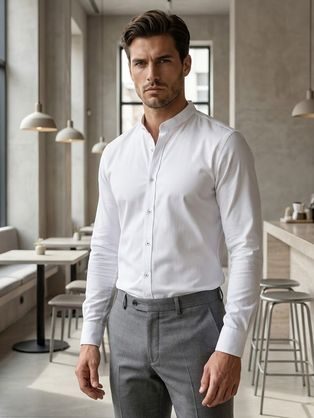 Brezčasna bela moška srajca s stoječim ovratnikom