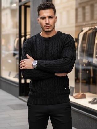 Črn pleten pulover za moške z vzorcem