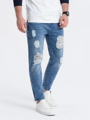 Indigo bombažne kavbojke z luknjami P1028