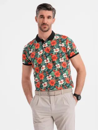 Moška črna polo majica s cvetličnim potiskom V2 POSS-0149