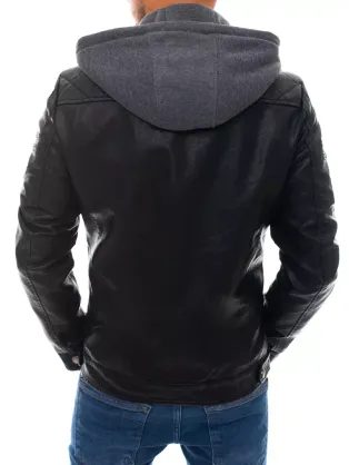 Črna usnjena jakna s kapuco