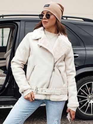 Ženska bela jakna iz umetnega usnja s krzneno obrobo Norfdima