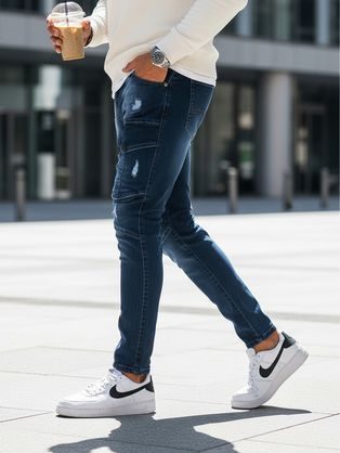 Edinstvene temno modre jeans joggerke s stranskimi črtami PADJ-0156