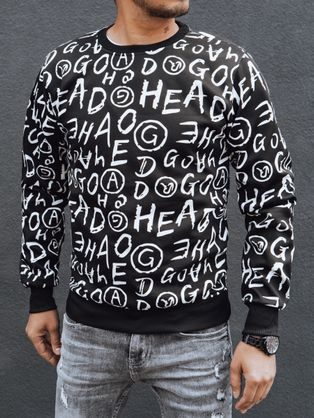 Modni črn pulover s potiskom in brez kapuce