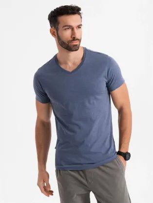 Osnovna bombažna modra majica z V-izrezom V18 TSBS-0237