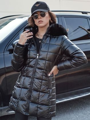 Ženska prešita črna zimska jakna s črnim krznom Winterzip