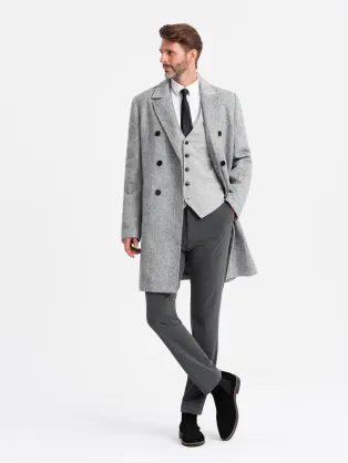 Elegantni moški siv dvovrsten plašč V1 COWC-0118