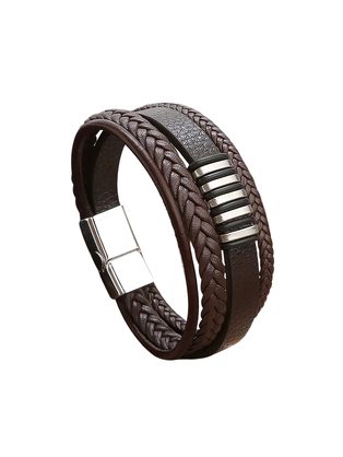 Moška rjava usnjena zapestnica s kovinskimi elementi