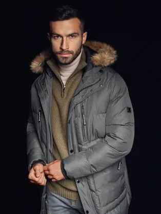 Prešita bež moška parka z žepi V2 JALJ-0308