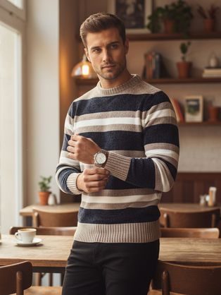 Modni črtasti modri pulover za zimo