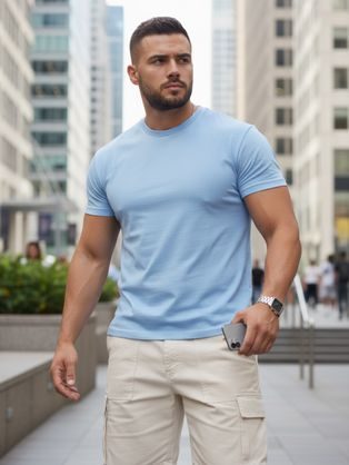 Bombažna pastelno modra majica s kratkimi rokavi