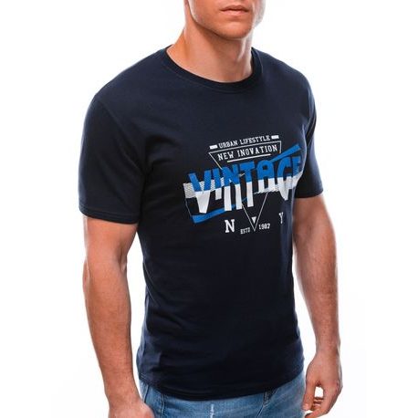 Bombažna granatno-modra majica s potiskom Vintage S1587