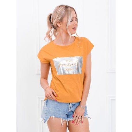 Ženska modna majica s potiskom v gorčični barvi SLR026