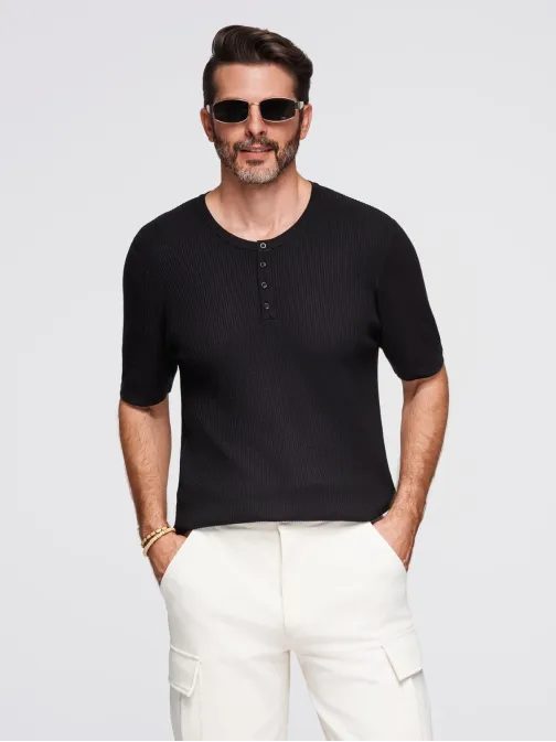 Moška črna pletena majica z gumbi V2 TSCT-0254