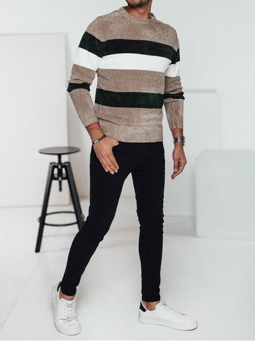 Moški črtasti pulover za zimo v bež barvi
