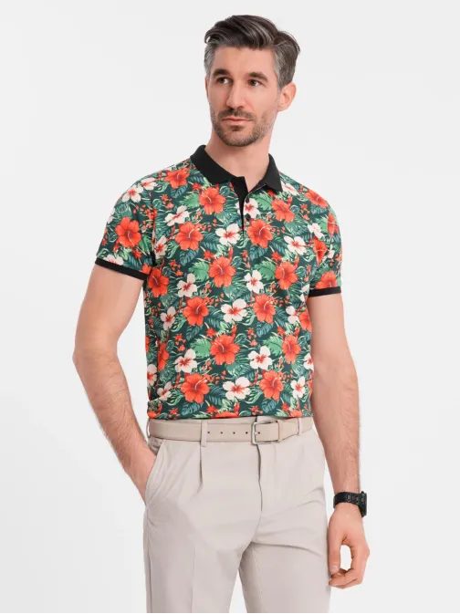 Moška črna polo majica s cvetličnim potiskom V2 POSS-0149