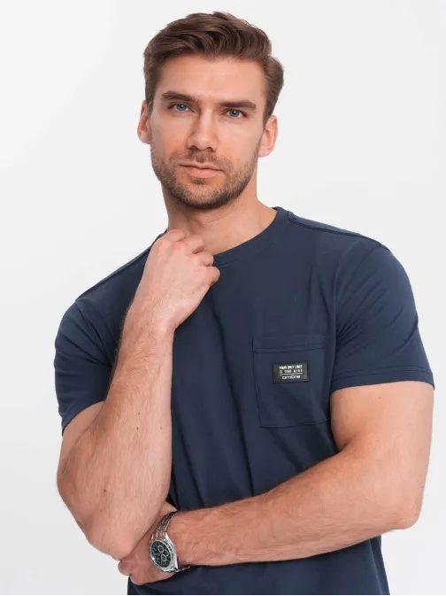 Trendovska majica s kratkimi rokavi z okrasnim žepom, temno modra V10 TSCT-0109