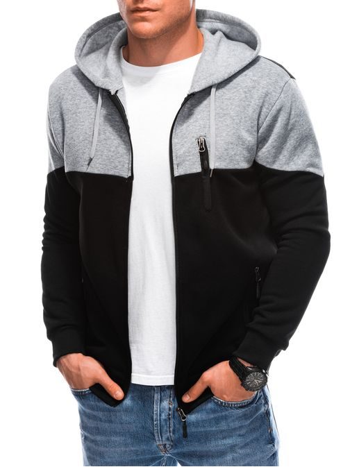 Edinstven dvobarvni pulover s kapuco črn/siv B1612