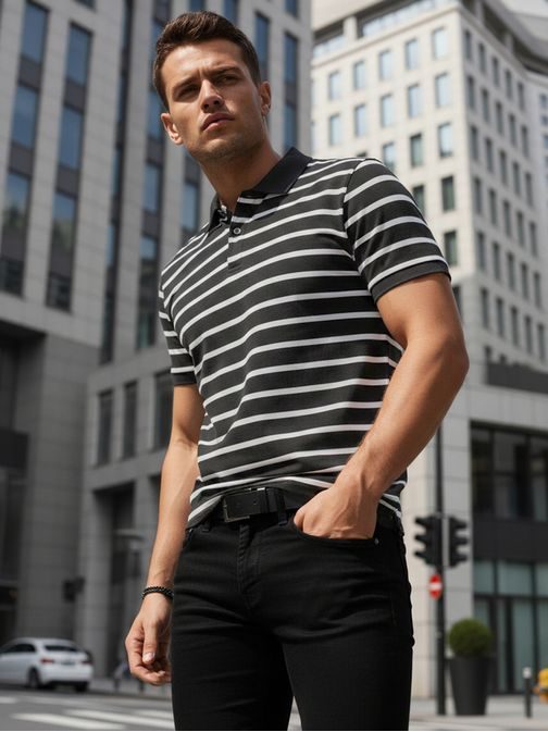 Modna temno siva moška polo majica s črtastim vzorcem