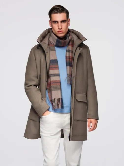 Eleganten moški plašč v bež barvi V2 OM-COWC-0132