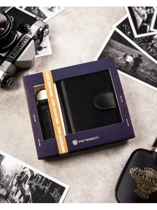 Črn usnjen komplet Peterson - denarnica in obesek za ključe