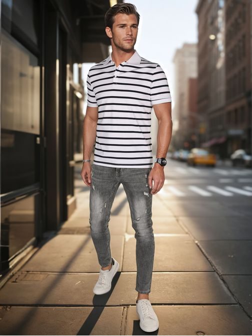 Modna bela moška polo majica s črtastim vzorcem