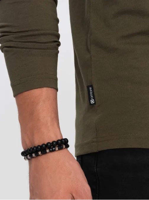 Enostavna bombažna majica z dolgimi rokavi v olivni barvi v7 om-lsbl-0106