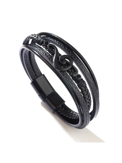 Moška usnjena zapestnica z violinskim ključem - črna