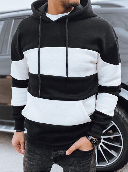 Atraktiven pulover s kapuco v črno beli barvi