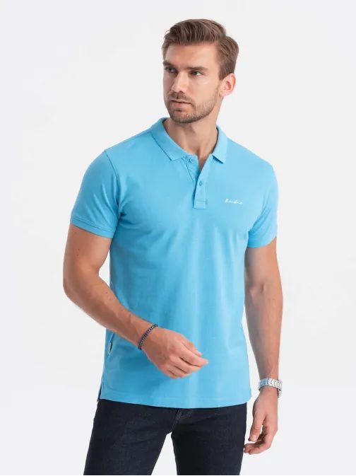 Bombažna modra polo majica z nežnim napisom V3 S1746