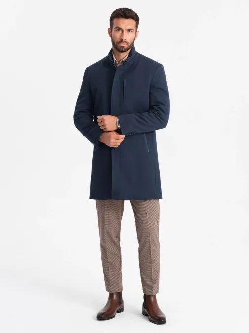 Modni temno moder plašč z visokim ovratnikom V2 COWC-0117