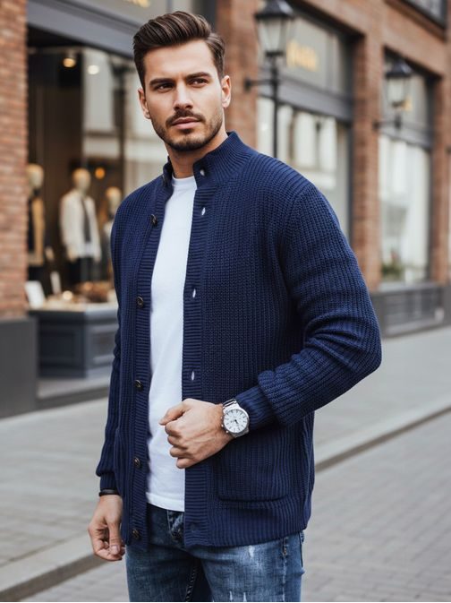 Eleganten modri pulover za moške z zapenjanjem na gumbe