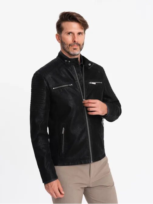 Elegantna črna usnjena motoristična jakna V2 JAFL-0197