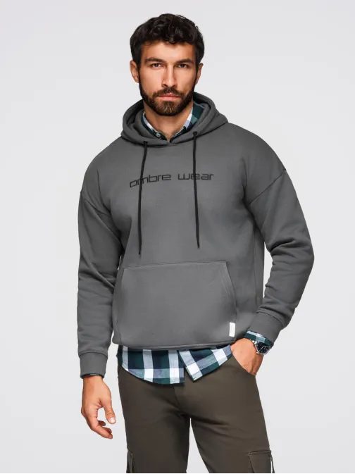 Kul siva majica s kapuco in napisom na prsih V2 OM-SSNZ-0241